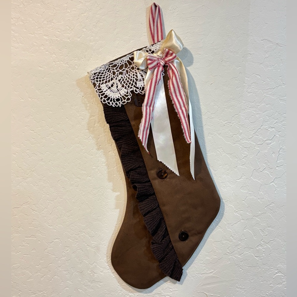 Western Brown Christmas Stocking with Lace and Ribbon NWOT